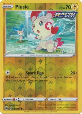 Plusle - 089/264 - Common Reverse Holo
Sword &amp; Shield: Fusion Strike Reverse Holo Singles