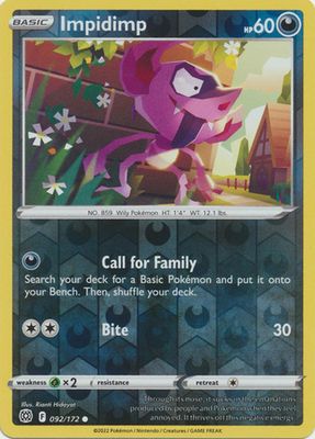 Impidimp - 092/172 - Common Reverse Holo
Sword &amp; Shield: Brilliant Stars Reverse Holo Singles