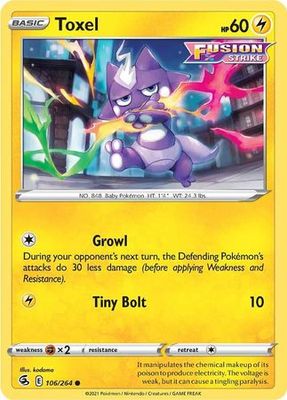Toxel - 106/264 - Common
Sword &amp; Shield: Fusion Strike Singles