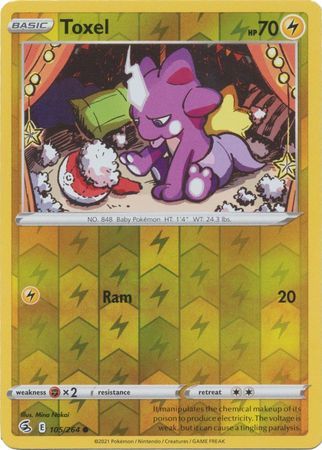 Toxel - 105/264 - Common Reverse Holo
Sword &amp; Shield: Fusion Strike Reverse Holo Singles