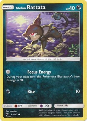 Alolan Rattata - 81/147 - Common
Sun &amp; Moon: Burning Shadows Singles