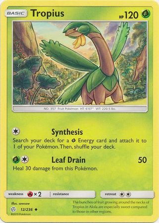 Tropius - 12/236 - Uncommon
Sun &amp; Moon: Cosmic Eclipse Singles (español)