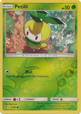 Petilil - 4/145 - Common Reverse Holo
Sun &amp; Moon: Guardians Rising Reverse Holo Singles