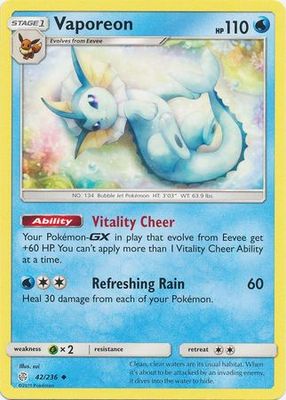 Vaporeon - 42/236 - Uncommon Sun &amp; Moon: Cosmic Eclipse Singles