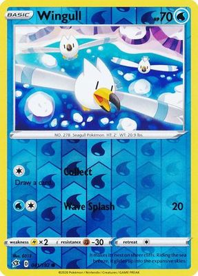 Wingull - 041/192 - Common Reverse Holo
Sword &amp; Shield: Rebel Clash Reverse Holo Singles