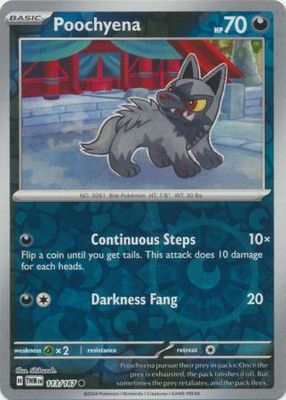Poochyena - 113/167 - Common Reverse Holo
Scarlet &amp; Violet: Twilight Masquerade Reverse Holo Singles