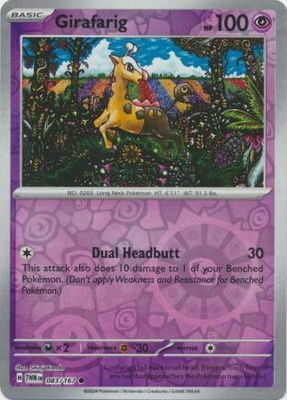 Girafarig - 083/167 - Common Reverse Holo
Scarlet &amp; Violet: Twilight Masquerade Reverse Holo Singles