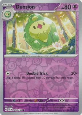 Duosion - 071/162 - Common Reverse Holo
Scarlet &amp; Violet: Temporal Forces Reverse Holo Singles
