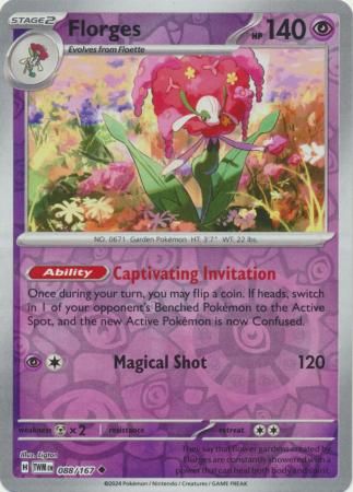 Florges - 088/167 - Uncommon Reverse Holo
Scarlet &amp; Violet: Twilight Masquerade Reverse Holo Singles