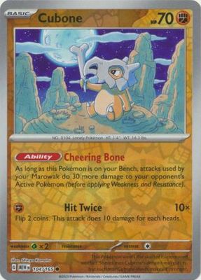 Cubone - 104/165 - Common Reverse Holo
Scarlet &amp; Violet 151 Reverse Holo Singles