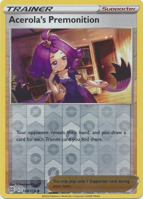 Acerola&#39;s Premonition - 129/172 - Uncommon Reverse Holo
Sword &amp; Shield: Brilliant Stars Reverse Holo Singles