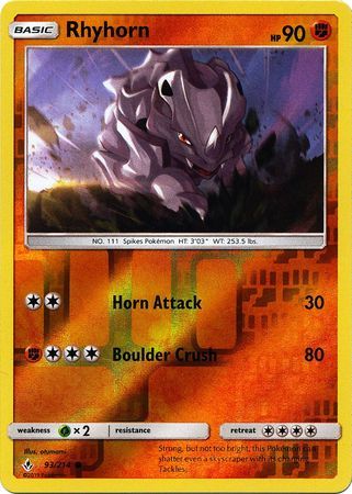 Rhyhorn - 93/214 - Common Reverse Holo Sun &amp; Moon: Unbroken Bonds Reverse Holo Singles