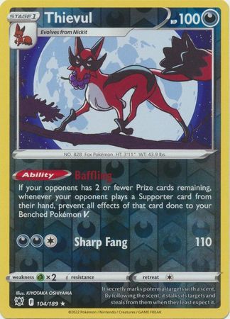 Thievul - 104/189 - Rare Reverse Holo Sword &amp; Shield: Astral Radiance Reverse Holo Singles