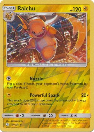 Raichu - 67/236 - Rare Reverse Holo Sun &amp; Moon: Cosmic Eclipse Reverse Holo Singles