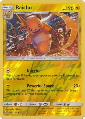 Raichu - 67/236 - Rare Reverse Holo Sun &amp; Moon: Cosmic Eclipse Reverse Holo Singles