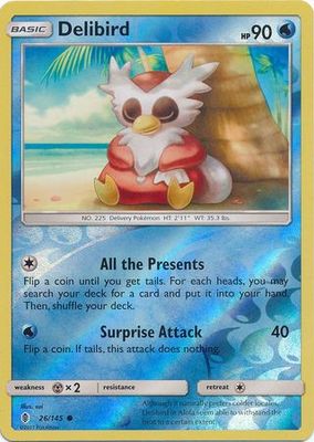 Delibird - 26/145 - Common Reverse Holo Sun &amp; Moon: Guardians Rising Reverse Holo Singles