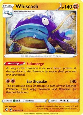 Whiscash - 100/192 - Rare Sword &amp; Shield: Rebel Clash Singles