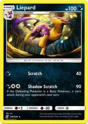 Liepard - 136/236 - Rare Sun &amp; Moon: Unified Minds Singles