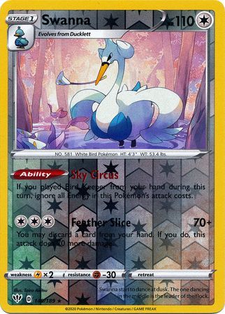 Swanna - 149/189 - Rare Reverse Holo Sword &amp; Shield: Darkness Ablaze Reverse Holo Singles