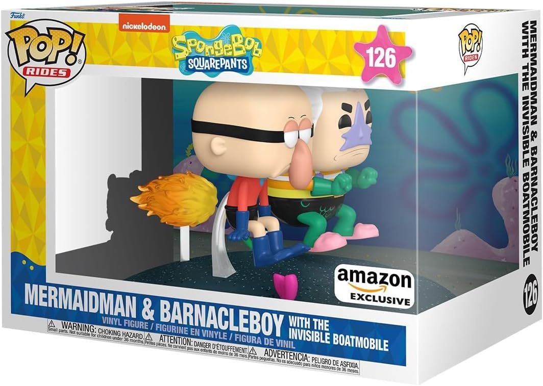 DS Funko POP Rides Deluxe: Spongebob Squarepants - Mermaid Man &amp; Barnacle Boy with Invisible Car Nuevo Bob Esponja