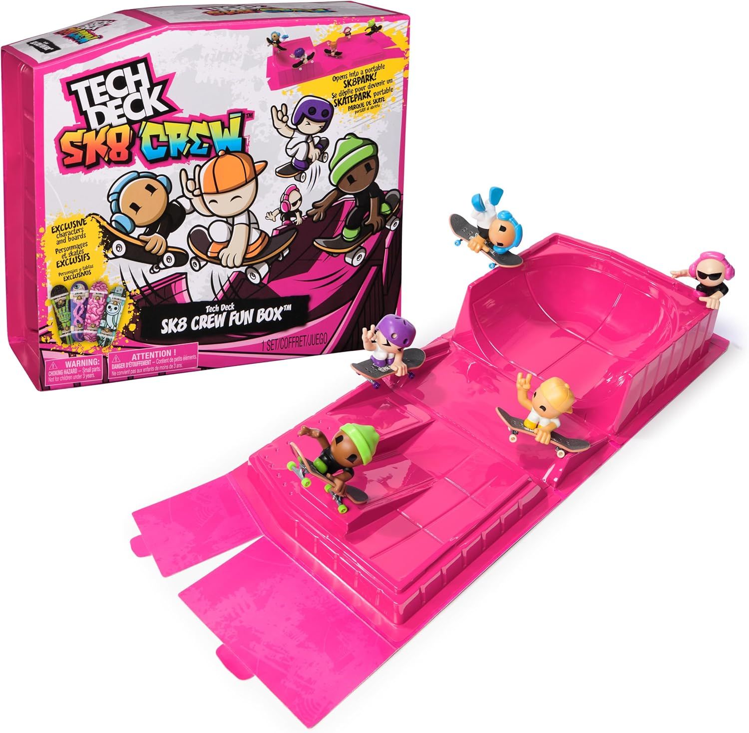 TECH DECK Sk8 Crew Fun Box, Portable Transforming Sk8 Park with 4 Fingerboards &amp; 5 Figures, Collectible Mini Skateboards