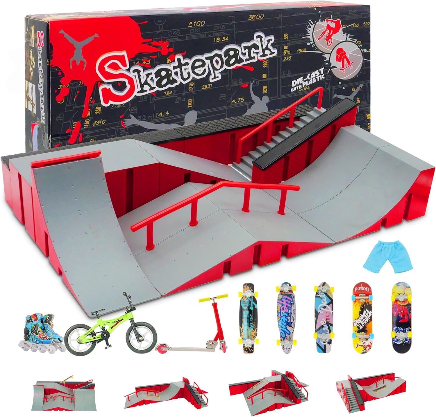Finger Skateboard Park Kits (9 in 1),Finger Skateboard Ramp Set with 5 Fingerboards