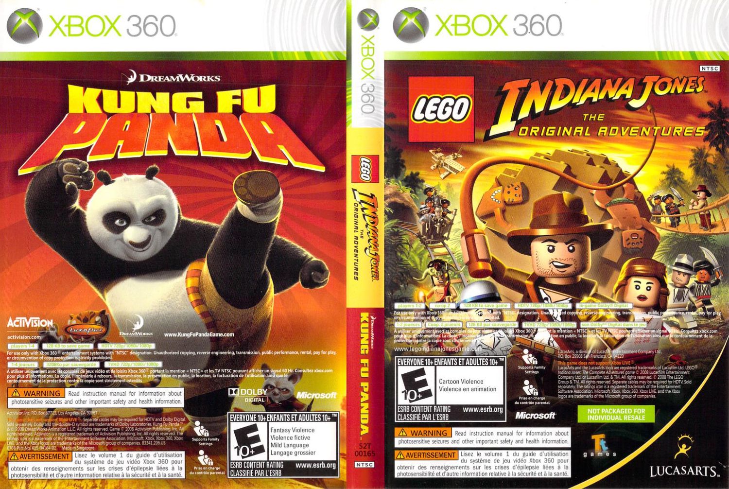 NELA-p, LEGO Indiana Jones and Kung Fu Panda Combo Xbox 360. Sin manual Caja Quebrada.