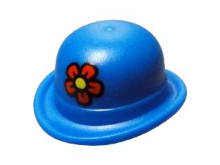 Minifigure, Headgear Hat, Bowler with Red Flower with Yellow Center Pattern Lego Pieza Blue Hat