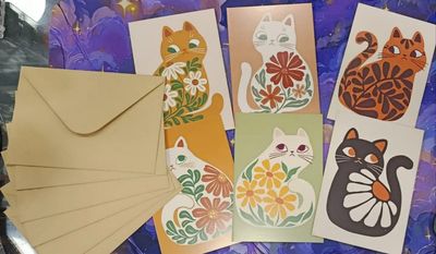 KM Sobres tarjetas de gatos Florales. 12 piezas. 6 cartas 6 tarjetas