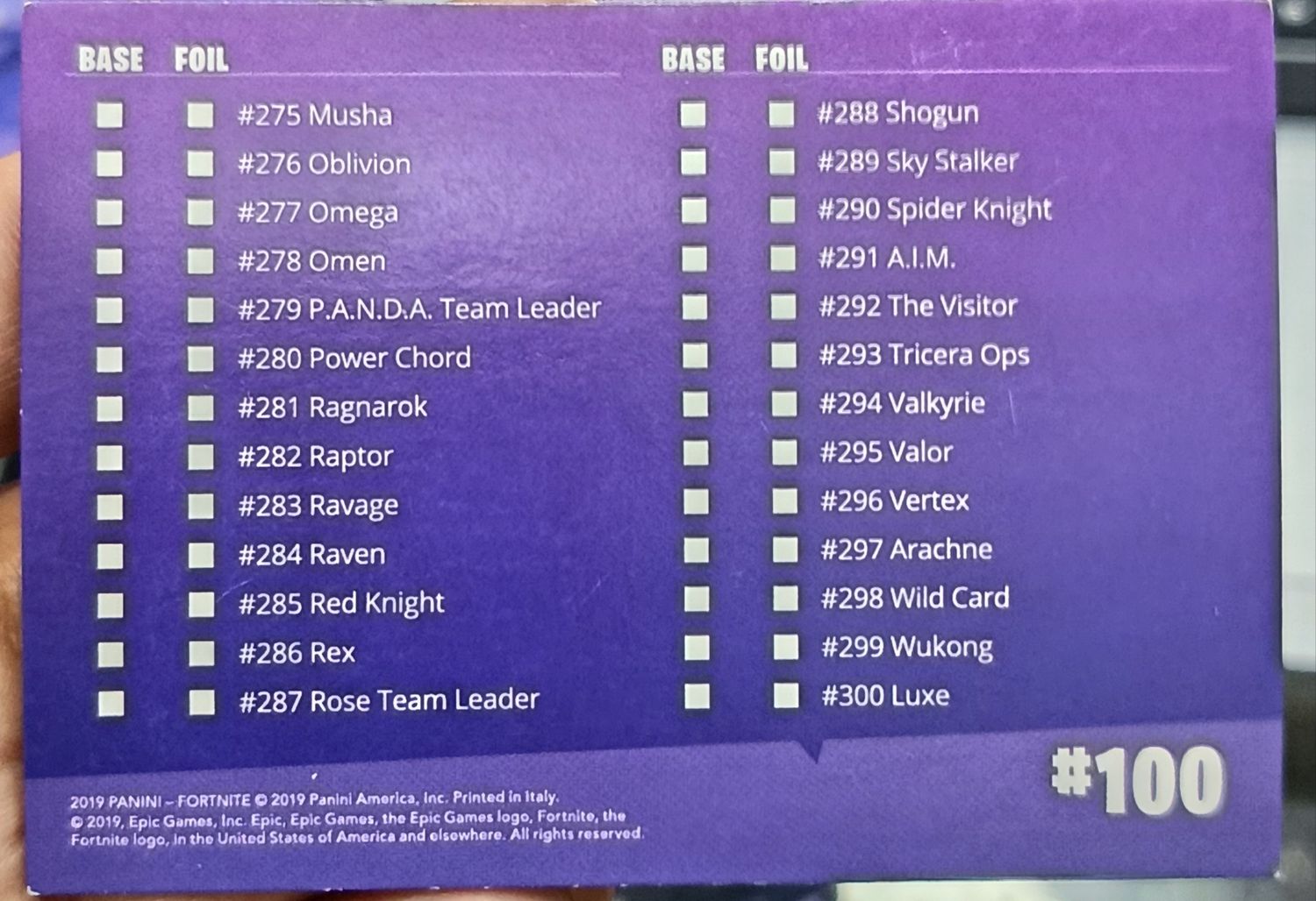 Fortnite Checklist 100 Panini