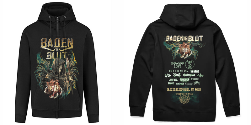 Baden in Blut 2024 - Hooded Zipper Rockfall 400 g/m2 unisex Print Skull Baden in Blut 2024 - Hooded Zipper Rockfall 400 g/m2 unisex Print Skull