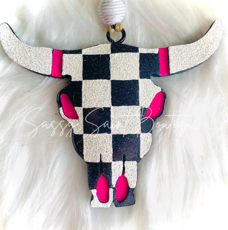 Checkered Bull Skull Car Freshener