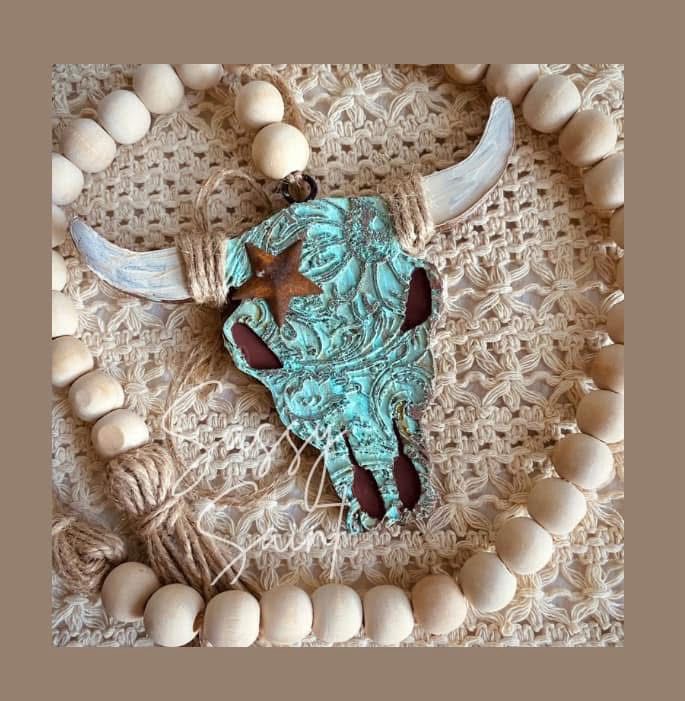 Tooled Bull Skull Car Freshener