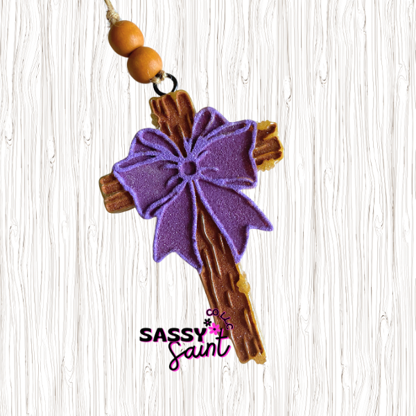 Wooden Cross With Bow Car Freshener
