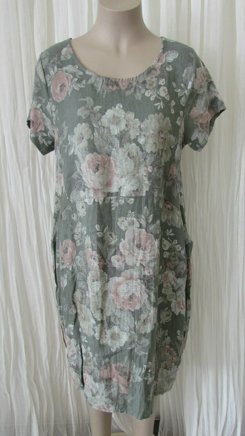 Khaki Floral Rose Linen Dress