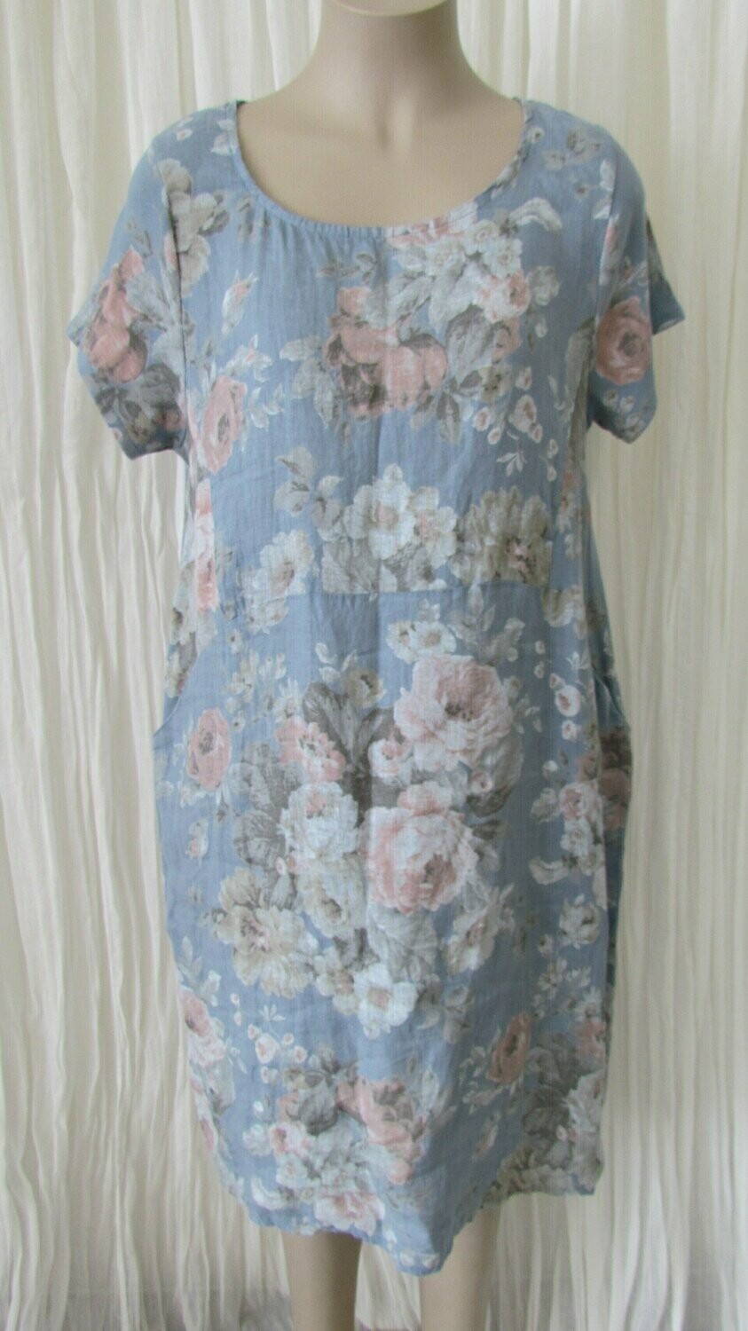 Denim Linen Floral Rose Dress