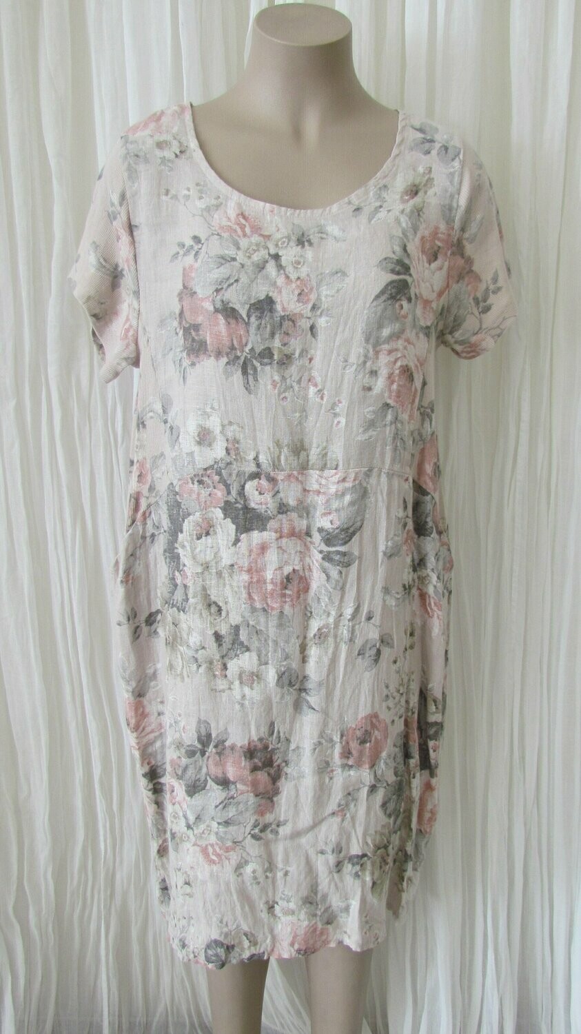 Beige Floral Rose Linen Dress