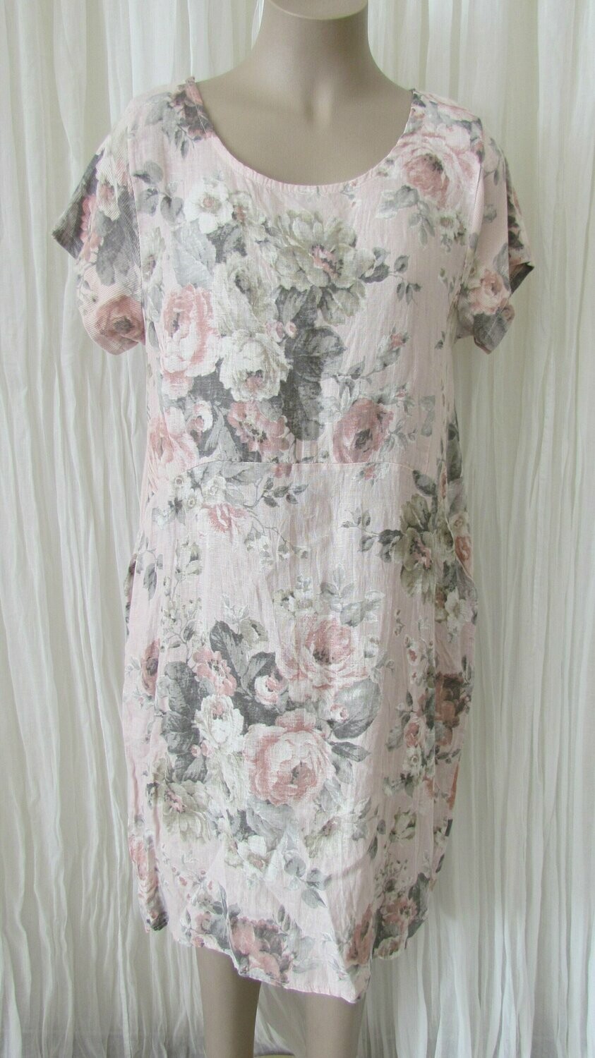 Pink Floral Rose Linen Dress