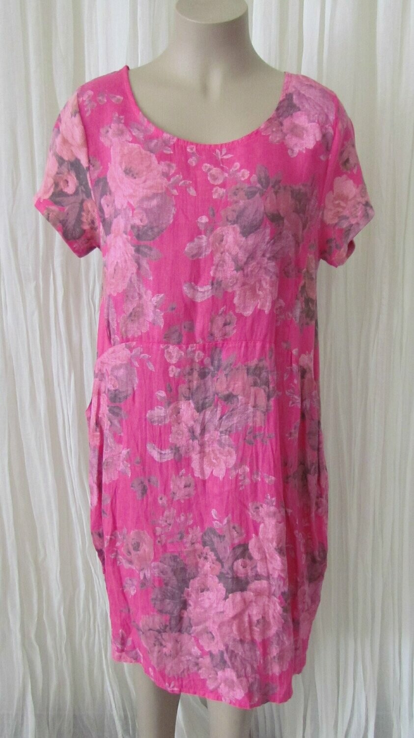 Fuchsia Floral Rose Linen Dress