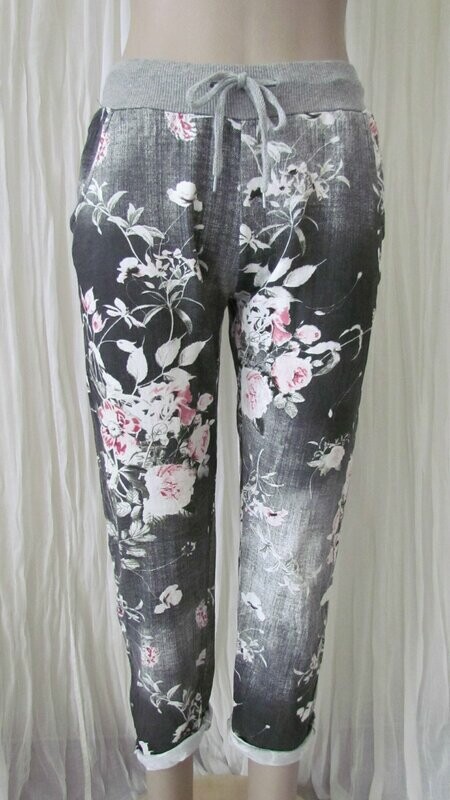 Black Washed Floral Italian Pants