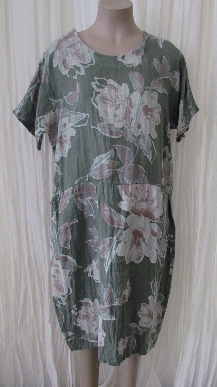 Khaki Floral Linen Dress