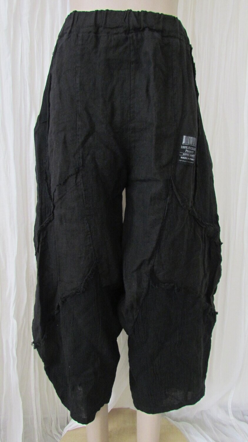 Black Raw Edge Patch Linen Pant