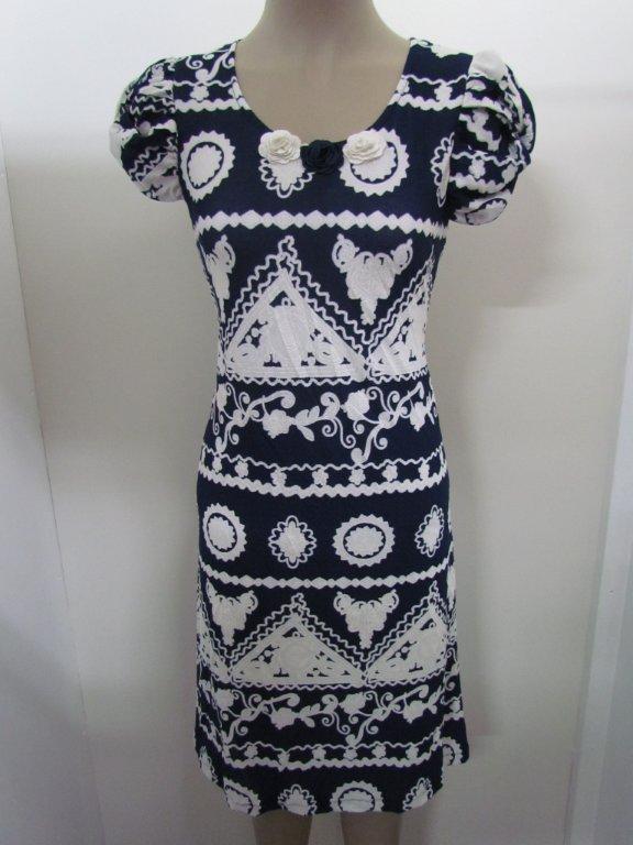 Navy white dress with plaited cap sleeve