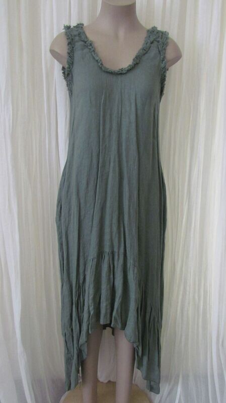 Khaki Linen Frill Sleeveless Dress