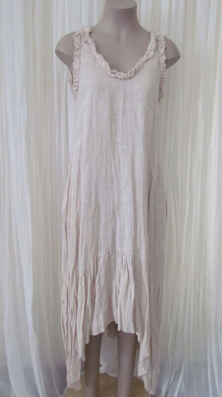 Beige Linen Frill Sleeveless Dress