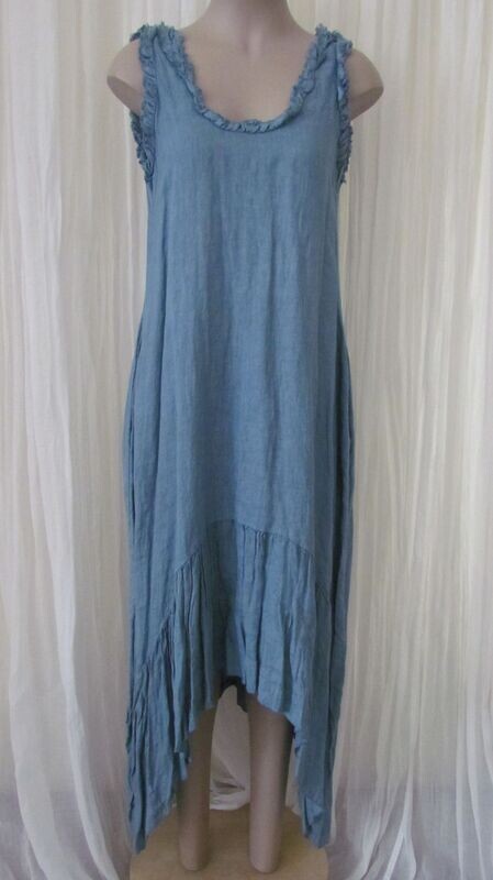 Ocean Blue Linen Frill Sleeveless Dress