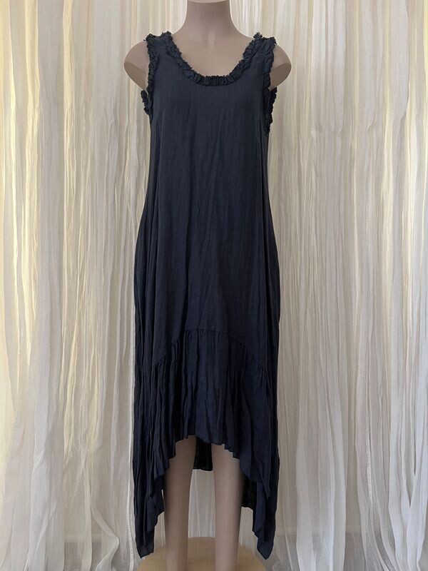Navy Linen Frill Sleeveless Dress
