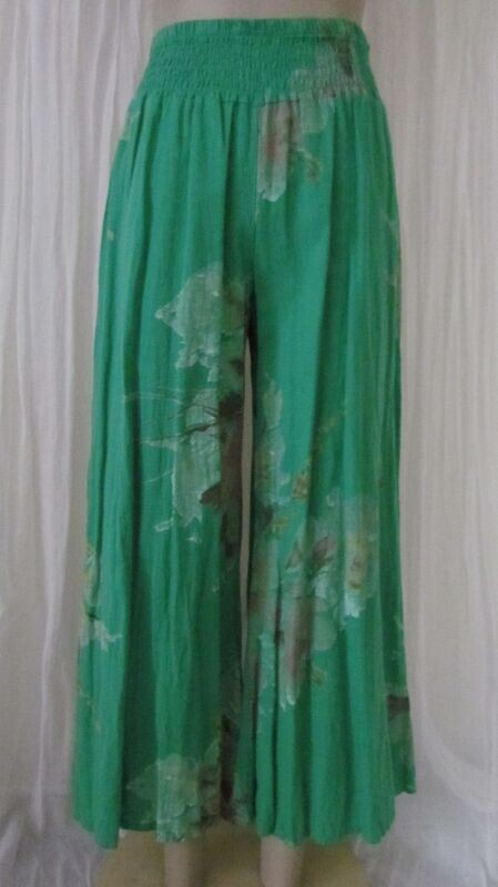 Green Linen Floral Wide Leg Pants