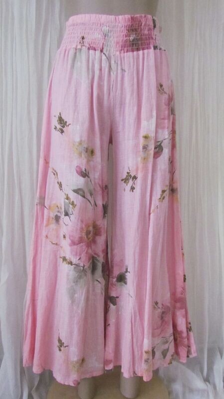 Pink Linen Floral Wide Leg Pants