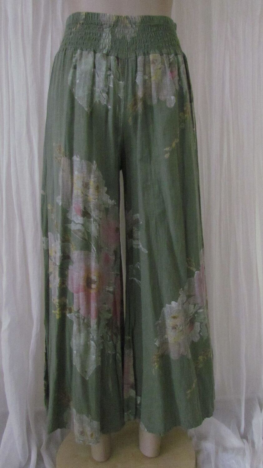 Khaki Linen Floral Wide Leg Pants